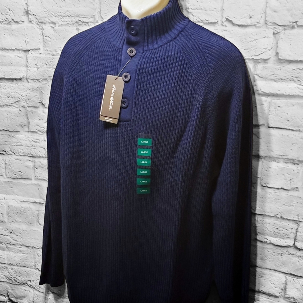 New! Eddie Bauer Mens Dark Blue 1/4 Button Cable Knit Sweater | Size Large